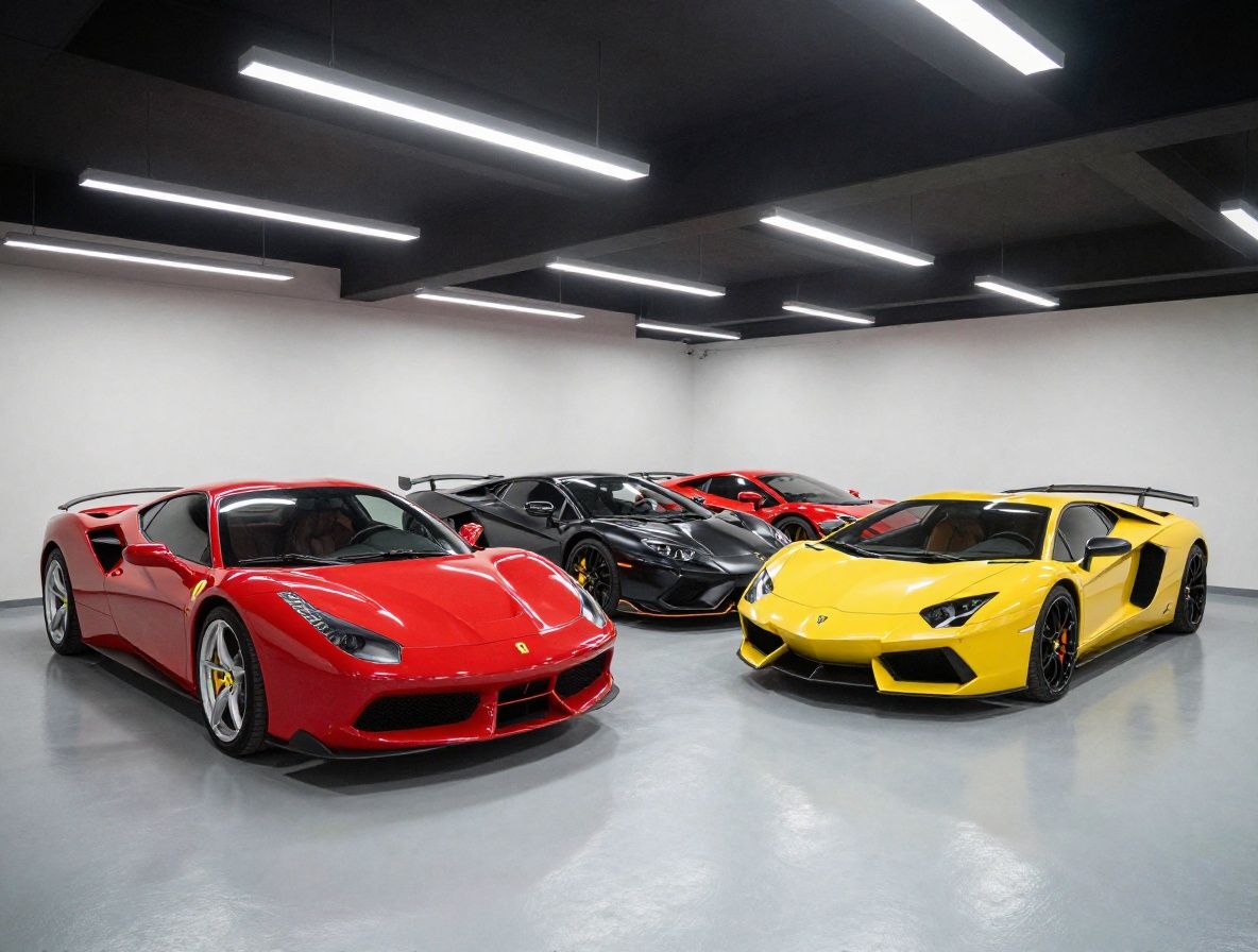 Суперкар Ferrari LaFerrari красного цвета в частном гараже с подсветкой пола