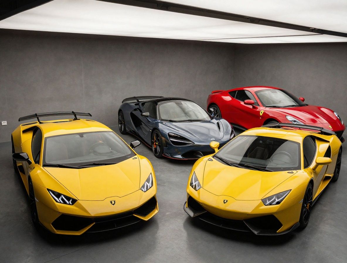 Ряд суперкаров — Lamborghini Huracan, McLaren 720S и Ferrari Roma — выстроенных в частном закрытом гараже с подсветкой