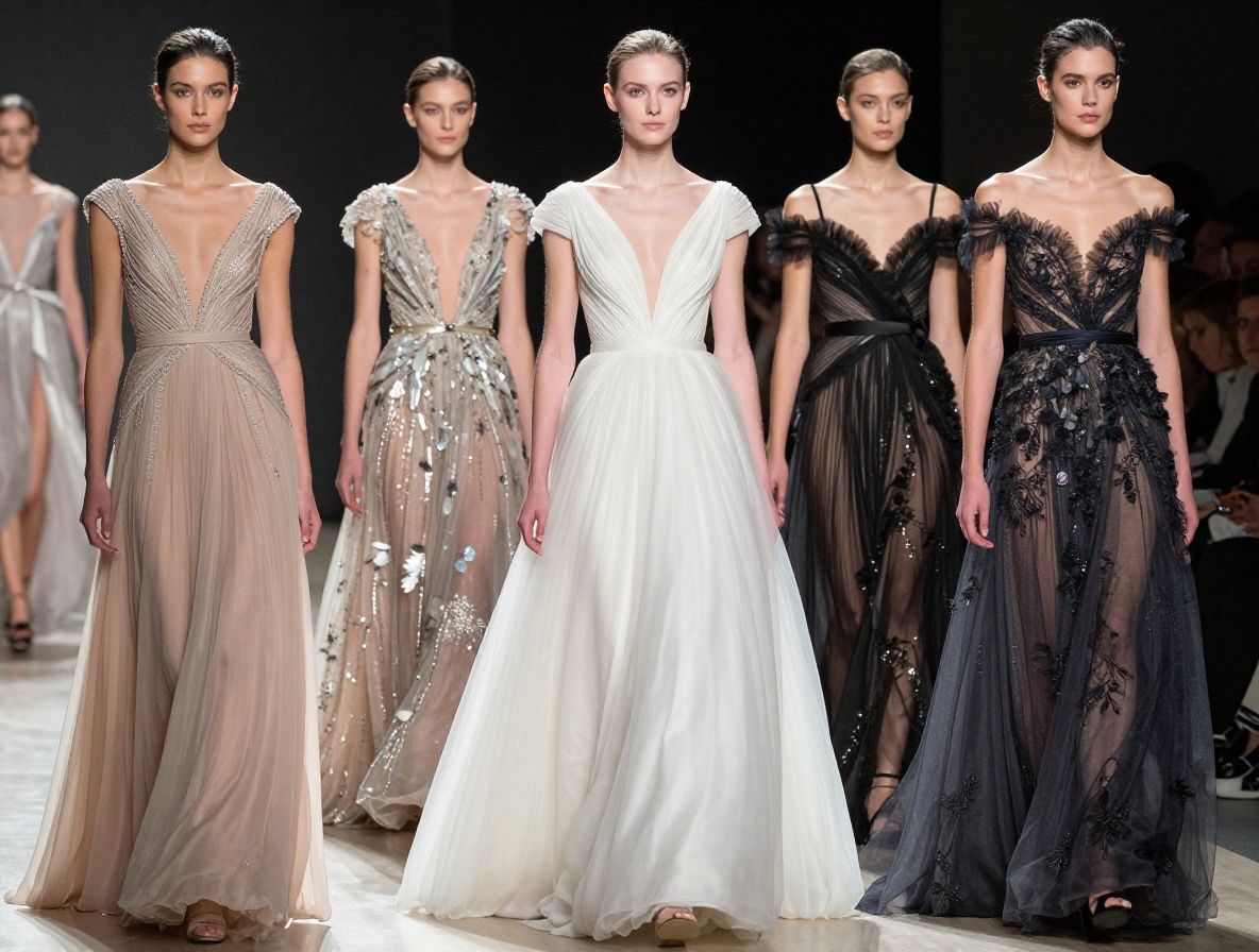 Подиум показа мод haute couture в Нью-Йорке с моделями в вечерних платьях с тяжёлой вышивкой и пышными юбками