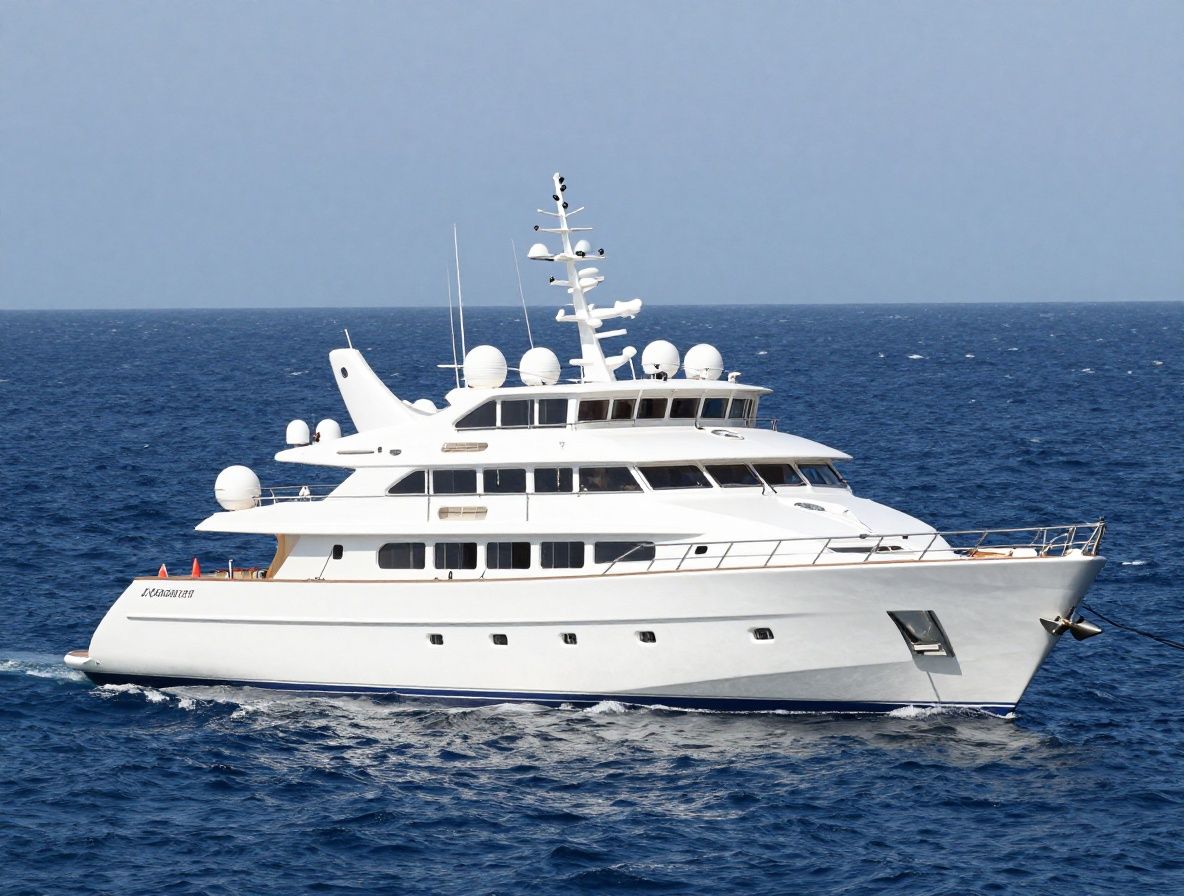 Интерьер салона суперяхты с кожаными диванами кремового цвета, деревянными панелями и видом на море через иллюминаторы