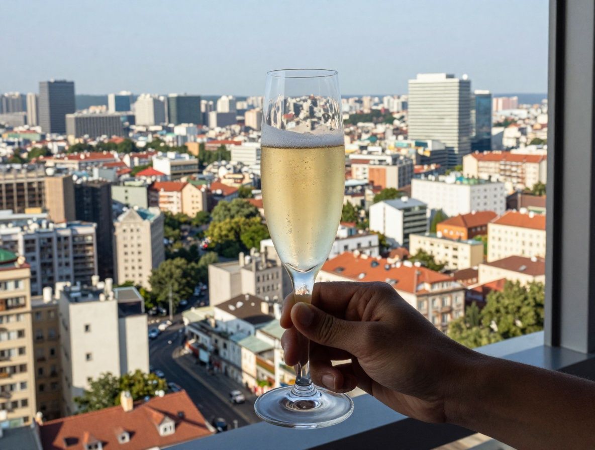 Панорамный вид на ночной город с роскошного пентхауса с бокалом шампанского на переднем плане